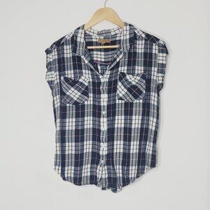 JACHS Girlfriend Women's Black White Plaid Cap Sleeve Button-Down Shirt Size XL